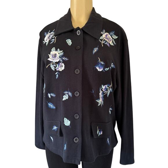 Together! Sweaters - Vintage Together! Women’s Black Embroidered Floral Button Up Cardigan Sweater XL